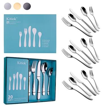 Imagem de Conjunto de talheres de prata martelada, 20 peças Kitiok de aço inoxidável 18/10 para 4, conjunto de talheres extravagantes inclui garfos/colheres/facas, pode ir na lava-louças