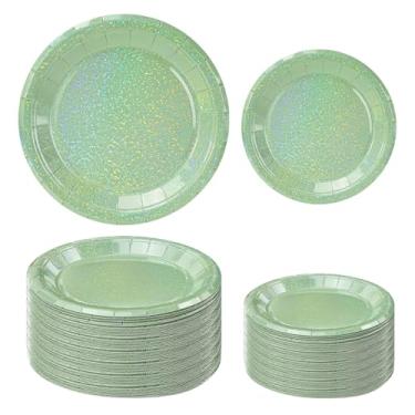 Imagem de FALIZIFU 50 peças de pratos de papel verde sálvia iridescente, 65 × 19 cm e 65 × 23 cm, pratos descartáveis de sálvia para casamento, chá de bebê, festa de aniversário, prato de sobremesa descartável