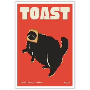 Imagem de Pôster engraçado de cabeça de pão de gato preto fofo e peculiar gato fazendo coisas brinde arte de parede em tela moderna para amantes de animais de estimação preppy pintura para sala de estar quarto