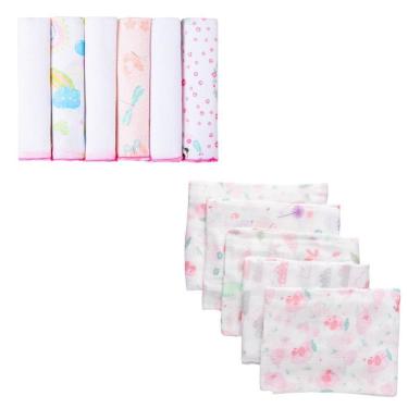 Imagem de Kit 11 Peça 5 Fraldas 60X60 6 Paninho De Boca 30X30 Feminino