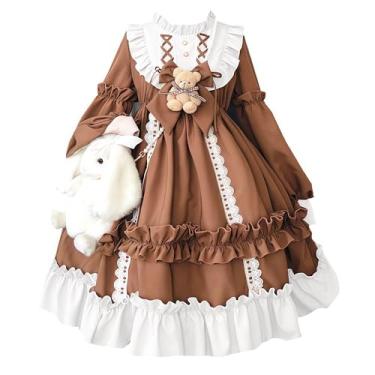 Imagem de XXFBJNMD Vestido de princesa de chiffon de manga comprida com laço de urso doce de renda fofo vestido de princesa anime festa estilo conto de fadas (marrom inclui sacola)