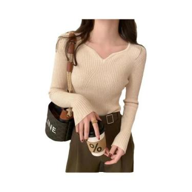 Imagem de Suéter Feminino De Tricô Canelado Com Decote Em V, Manga Longa, Pulôve