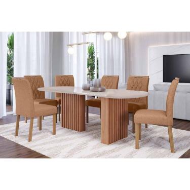 Imagem de Conjunto: Mesa de Cozinha Ester Tampo Madeirado Oval c/ Vidro 210x100cm e 6 Cadeiras Juliana Cinamomo/Off White - Carvalho/Suede Nude Bege - Cimol