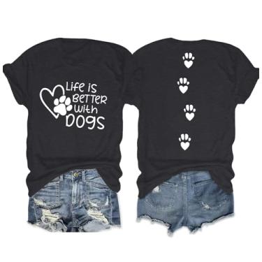 Imagem de Camiseta para mãe de cachorro: Camiseta feminina Life is Better with Dogs Funny Dog Paw Print Tee Dog Lover Animal Gift Tops, Cinza escuro, XG