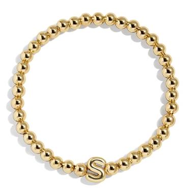 Imagem de BaubleBar Pulseira personalizada inicial Pisa, contas modernas banhadas a ouro, joias modernas, pulseira popular com letras iniciais, ajuste elástico para crianças e adultos, One Size, Latão, Sem