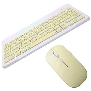 Imagem de Kit Teclado e Mouse Sem Fio Bluetooth Colorido Macaron Para PC iPad Tablet Notebook(Amarelo)
