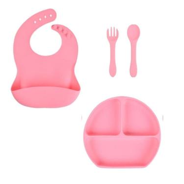 Imagem de Babador Prato Com Divisória Talheres Luxo Silicone Rosa Baby