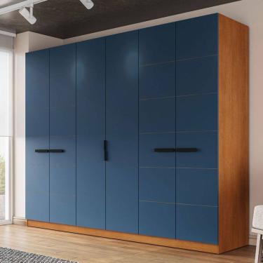 Imagem de Guarda-Roupa Casal Lisboa 6 Portas 4 Gavetas Freijó/Azul - Politorno