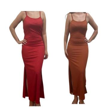 Imagem de KIT C/2 Vestidos Longo Canelado com Fenda - Emporio J, Vermelho, Telha