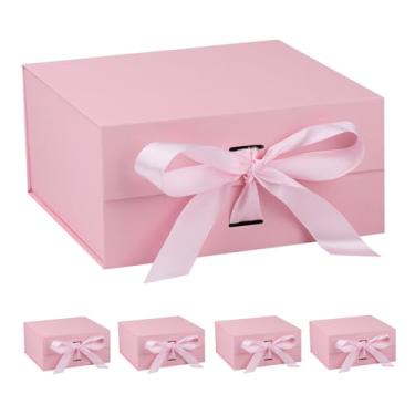 Imagem de OEMVALATY Caixa de presente rosa, caixas de presente de 35 x 30 x 12 cm com tampas para presentes com fecho magnético e fita para casamento, armazenamento, aniversário (pacote com 5)