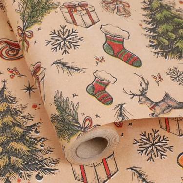 Imagem de WRAP STORM Papel de embrulho de Natal vintage – 1 rolo de embrulho estilo kraft de 43 cm x 33 pés com rena, árvores e ícones natalinos – decoração festiva clássica
