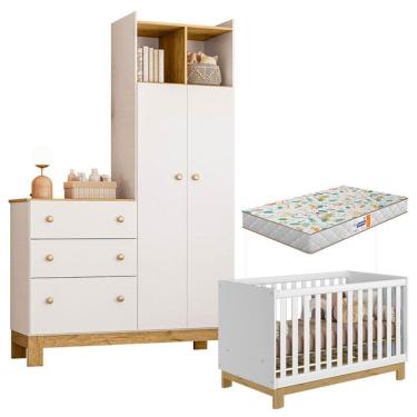 Imagem de Berço Americano 4315 Mini Cama e Guarda Roupa com Cômoda Q Encanto Slim 4970 Branco Acetinado com Colchão Gazin – Qmovi