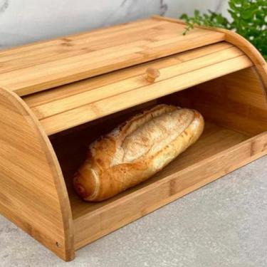 Imagem de Porta Pães Bolos Alimentos Tampa Retrátil Pão Bambu E Mdf