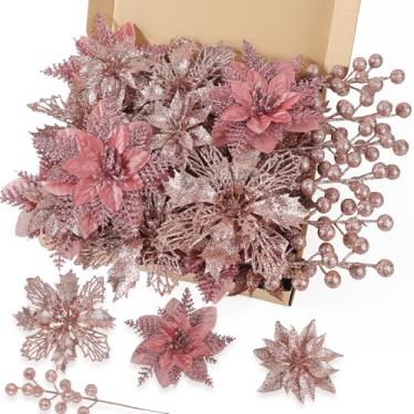 Imagem de N&T NIETING Kit de 24 peças de flores artificiais de poinsétia de Natal e hastes de bagas com glitter, decorações de árvore de Natal, palitos florais, enfeites de enchimento de árvore de Natal para