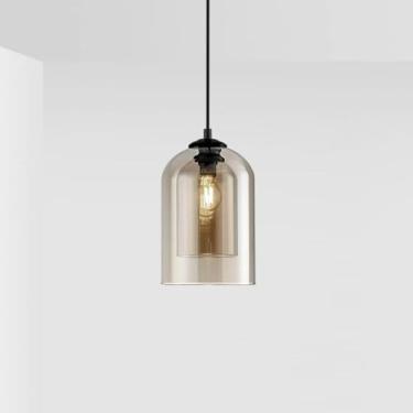 Imagem de Lustre Fumê Vidro Pendente Luz Cozinha Ilha Pequeno Âmbar Bronze Vidro Cilindro Moderno Pendurado Lâmpada Ajustando Cabo Fazenda Lustre Industrial para Quarto Restaurante Corredor, Âmbar