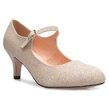 Imagem de Olivia K Sapato feminino clássico de salto médio Mary Jane - adorável bico redondo vintage retrô, Glitter nude, 38