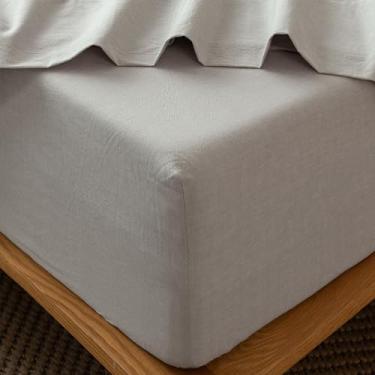 Imagem de MooMee Lençol de baixo com elástico 100% algodão lavado como linho texturizado respirável durável macio confortável bolso profundo cabe em colchões de até 43 cm (linho natural novo, casal)