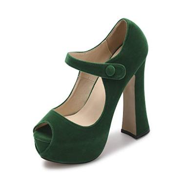 Imagem de OCHENTA Salto alto plataforma peep toe feminino tira no tornozelo salto grosso para festa uso diário, Veludo verde, 40