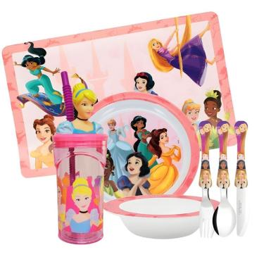 Imagem de Jogo Refeição Infantil Princesas Disney 7 Peças Tigelas, Copo, Lugar Americano E Talheres - Tuut