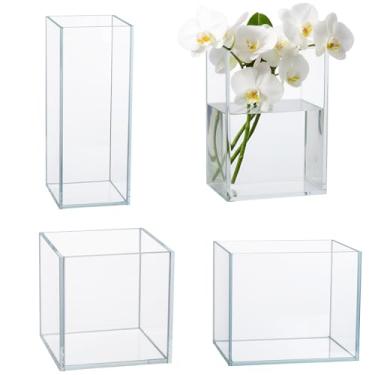 Imagem de Ninehaoou 4 peças de vaso de vidro em cubo, 4 tamanhos de flores, quadrado, transparente, floral, suporte de vela para terrário, peça central decorativa para casa, festa de casamento, cerimônia