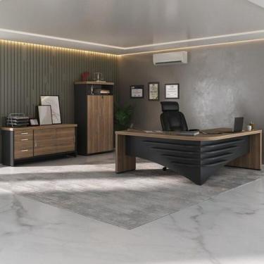 Imagem de Kit Escritório Completo 3 Peças: Mesa Diretor em L Tamburato, Balcão c