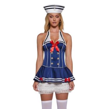 Imagem de Dolls Kill Sailor Girl Costume by Trickz N’ Treatz – Navy Halter Top with Lace Shorts, Hat, Stockings & Red Bows, Medium