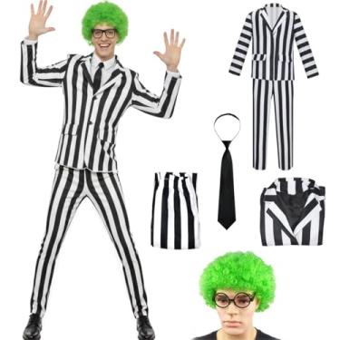 Imagem de Fantasia de adulto listrado preto e branco inclui blazer aberto na frente e peruca verde encaracolado para festa de cosplay de Halloween, Preto e branco, M