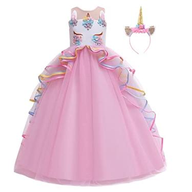 Imagem de Fantasia de unicórnio FMYFWY para meninas, aniversário, concursos, festas, Halloween, Natal, sem mangas, vestido longo de tule com tiara, rosa, 4-5T