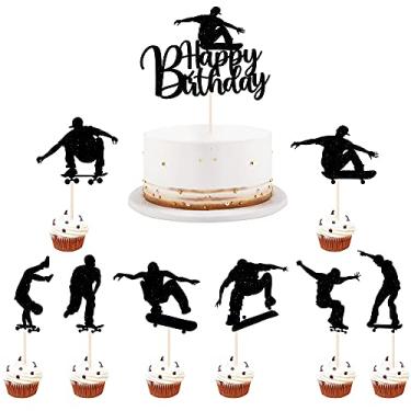 Imagem de LVEUD 7PCS Skateboard Happy Birthday Cake Topper,Black Glitter Happy Birthday Skateboard Cake Topper for Skateboard Birthday Party Cake Decorations, Sport Birthday Party Supplies