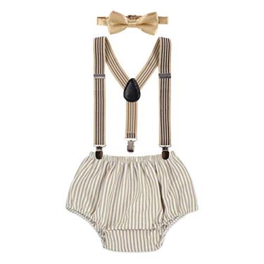Imagem de IZKIZF Wild One Outfit Roupa para meninos de 1º aniversário bolo esmagar fotos roupas listradas flechas impressas suspensórios gravata borboleta, 002 Listrado (Pricot), tamanho �nico