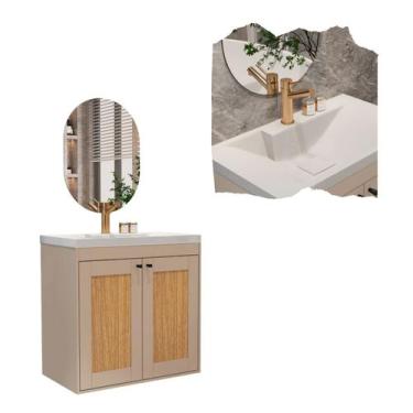 Imagem de Kit Banheiro Artemis com Espelho 60cm e Cuba com Tampa Marrom Conjunto