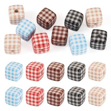 Imagem de Cheriswelry 10 peças de contas cúbicas acrílicas opacas quadradas xadrez contas espaçadoras coloridas de plástico solto com padrão xadrez 14 mm para pulseira de Natal DIY, colar, brinco, chaveiro