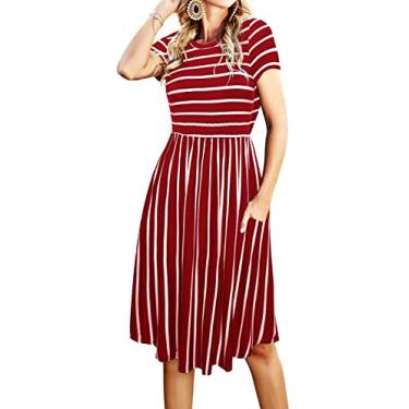 Imagem de Simier Fariry Vestido feminino casual de verão com bolso na altura do joelho para professor, malha flare flare manga curta, midi para trabalho e viagem, B-listrado vinho e branco, P