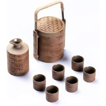 Imagem de JOEUQK Conjunto de copos de saquê japonês de 8 peças, conjunto de artesanato de cerâmica tradicional chinês em forma de vaporizador conjunto de saquê japonês com 1 garrafa de servir saquê, 6 xícaras