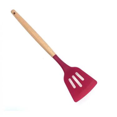 Imagem de Espatula Vazada Silicone Vermelho Cabo Madeira 32 Cm - Well