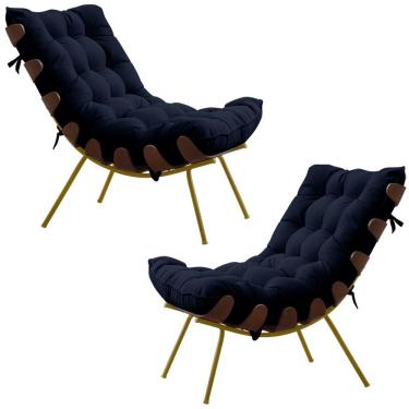 Imagem de Kit 2 Poltronas Decorativas Sala de Estar Abel Base de Madeira Dourada Veludo Azul - Gran Belo