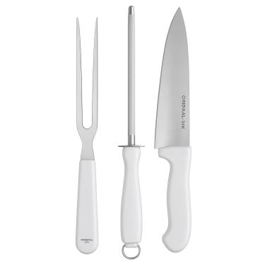 Imagem de kit Para Churrasco 3 Peças Original Line Linha Cook Faca Garfo Trinchante e Chaira Afiadora em Aço Inox com Cabo Branco Resistência Precisão e Estilo para o Seu Churrasco