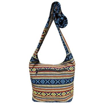 Imagem de Bolsa mensageiro asteca pequena - Bolsa de ombro Hippie Hobo feita à mão - Bolsa tiracolo tribal Ikat para mulheres, Azul Xo, Small