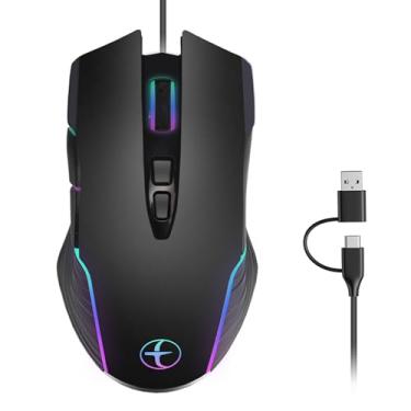 Imagem de Interface dupla USB-C/USB-A mouse ergonômico para jogos com fio com retroiluminação RGB, mouse móvel mantém o computador acordado, 4 DPI ajustáveis até 7200 para MacBook, Chromebook, Windows PC