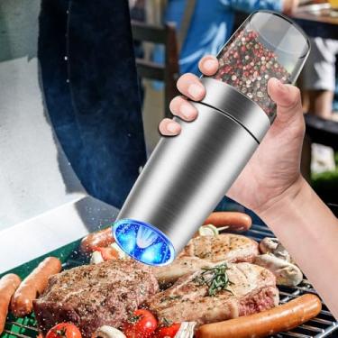 Imagem de Moedor elétrico de pimenta ou sal, moedor automático com espessura ajustável, luz LED de saleiro automático, alimentado por bateria, aço inoxidável, operado com uma mão, prata