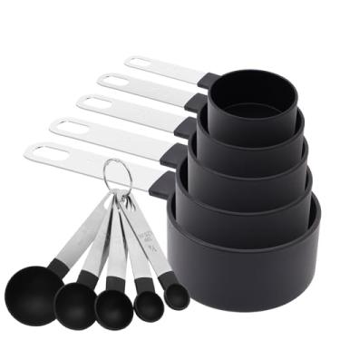 Imagem de Conjunto de 10 colheres de copos medidores, conjunto de medidas empilháveis premium, cabo de aço inoxidável (preto)