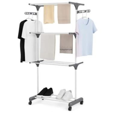 Imagem de Varal De Chão Dobrável com Rodinhas 3 Prateleiras Sapateira e Abas