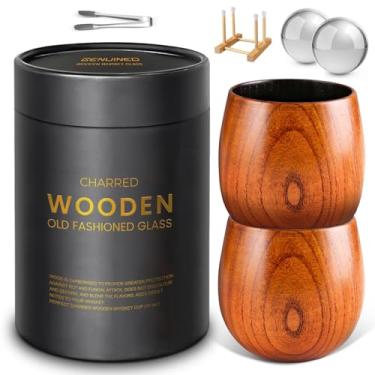 Imagem de GENUINED Conjunto de 2 copos de uísque de madeira carbonizados ampliados, presentes de bourbon para homens, aniversário, presentes de Natal, copo de bourbon defumado à moda antiga