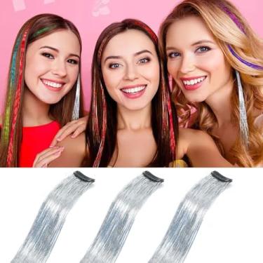 Imagem de Grampos de cabelo com tinsel de cabelo colorido 3 peças, 19,8 polegadas 1060 fios decorações de cabelo coloridas acessórios de grampos de cabelo (pacote com 3, prata#)