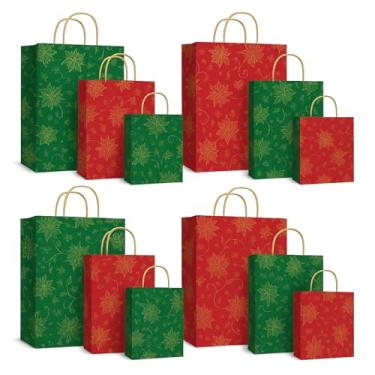 Imagem de Gilprop 12 sacos de presente de Natal tamanhos variados a granel, verde e vermelho, sacos de lembrancinha de festa com alça padrão de flores de Natal, suprimentos de armazenamento para festa de Natal