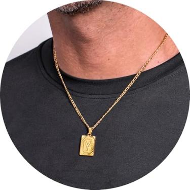 Imagem de Colar masculino com inicial, pingente de letra retangular de A a Z, corrente de aço inoxidável banhada a ouro, joia de monograma personalizada, 20in, Aço inoxidável, Sem Pedra Preciosa