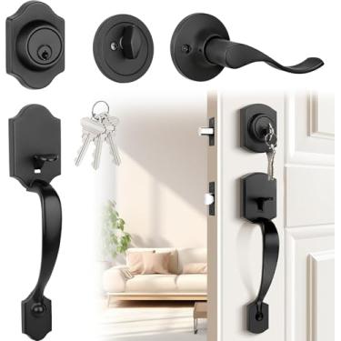 Imagem de ZZBUY Conjunto de maçaneta e fechadura preta, conjunto de fechadura de porta frontal preto fosco com fechadura de cilindro único, maçaneta de porta de entrada externa com fechadura, trava de porta