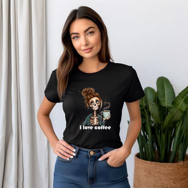 Imagem de Desperte seu lado divertido com a camiseta I Love Coffee - Esqueleto Estiloso! Perfeita para os amantes de café