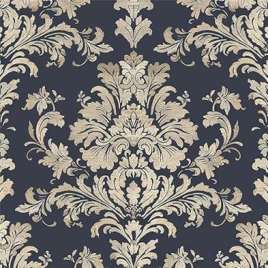Imagem de MuralPeel Papel de parede vintage cinza marinho bege damasco flores vintage autoadesivo removível fácil de descascar no papel de parede para locatário de armário de quarto