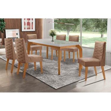 Imagem de Conjunto Mesa De Cozinha Londrina Tampo Madeirado Com Vidro 180x90cm E 6 Cadeiras Dafne Imbuia Suede Capuccino Rufato